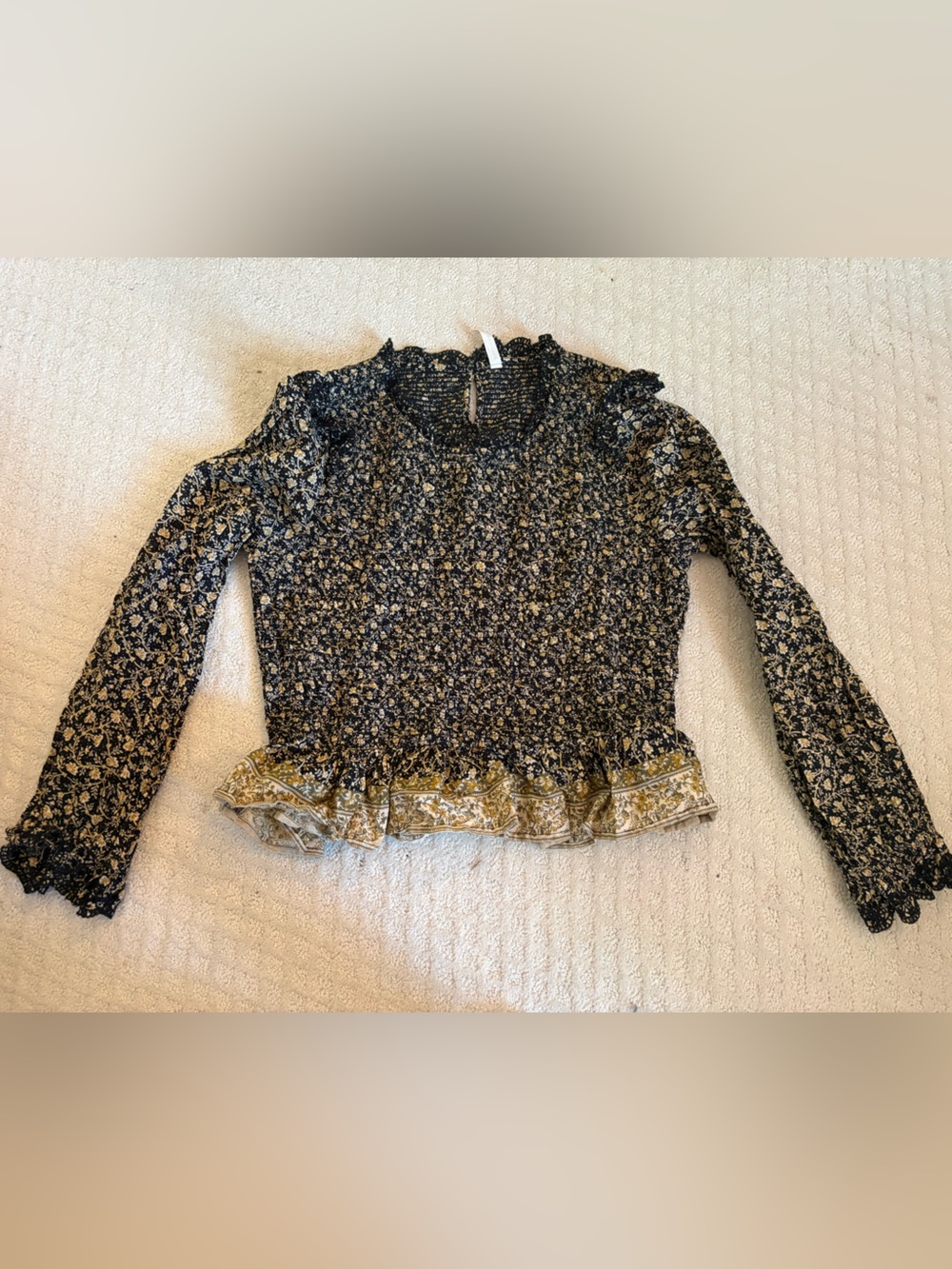 American Eagle Adorable Smocked Floral Long-Sleeve Peplum Top in Black and Cream